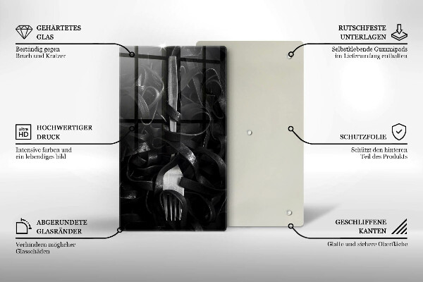 Chopping board glass Black pasta and fork