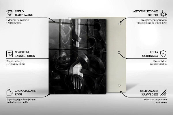 Chopping board glass Black pasta and fork