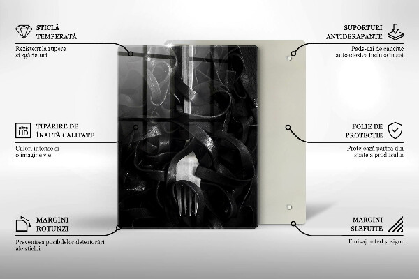 Chopping board glass Black pasta and fork