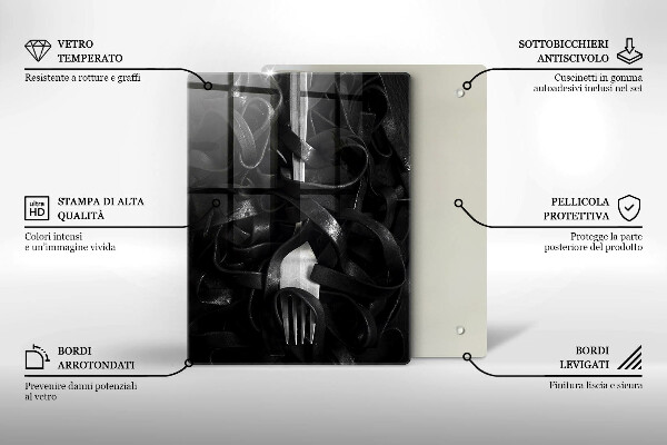 Chopping board glass Black pasta and fork