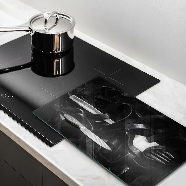 Chopping board glass Black pasta and fork