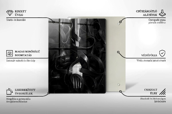 Chopping board glass Black pasta and fork