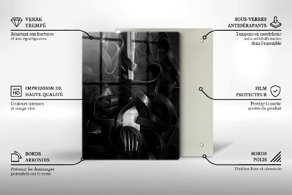 Chopping board glass Black pasta and fork