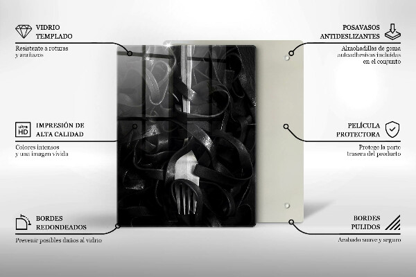 Chopping board glass Black pasta and fork