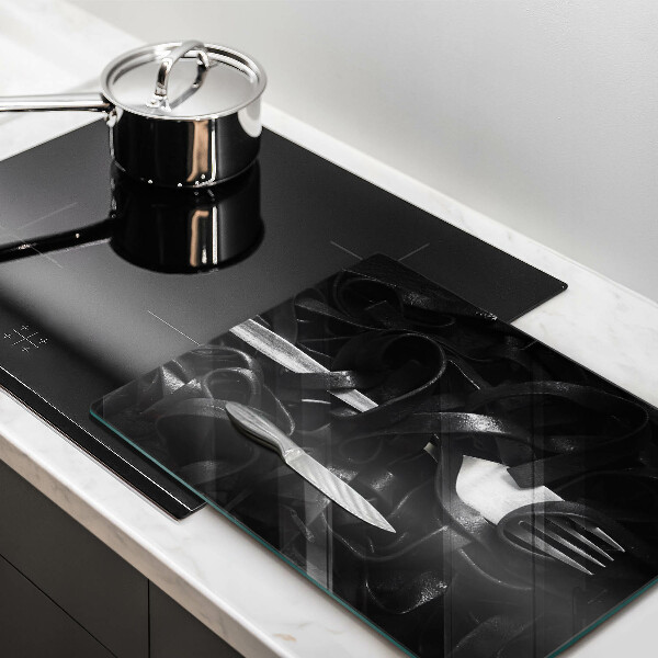 Chopping board glass Black pasta and fork