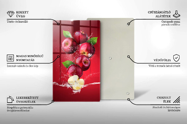 Chopping board glass Juicy apples in the water