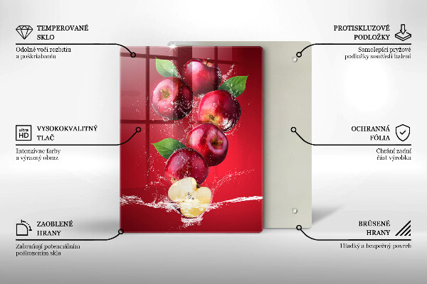 Chopping board glass Juicy apples in the water