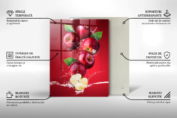 Chopping board glass Juicy apples in the water