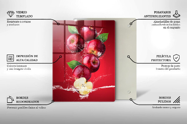 Chopping board glass Juicy apples in the water