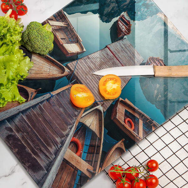 Chopping board glass Boats on the lake