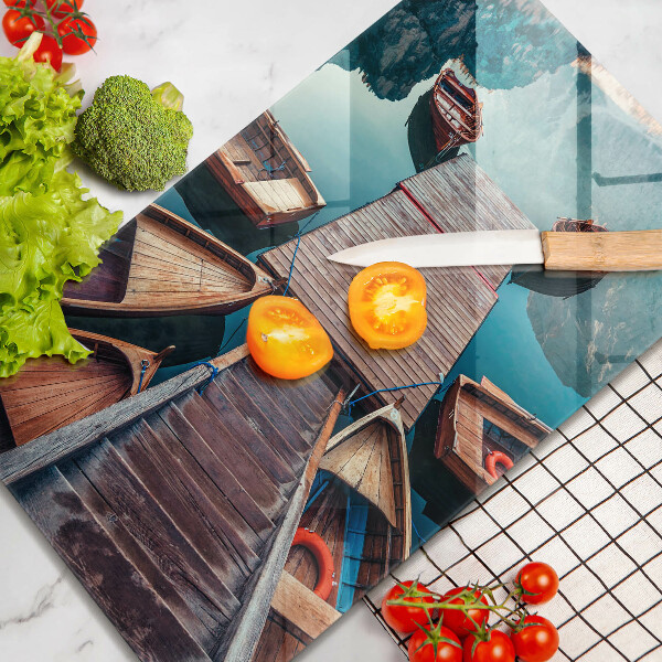Chopping board glass Boats on the lake