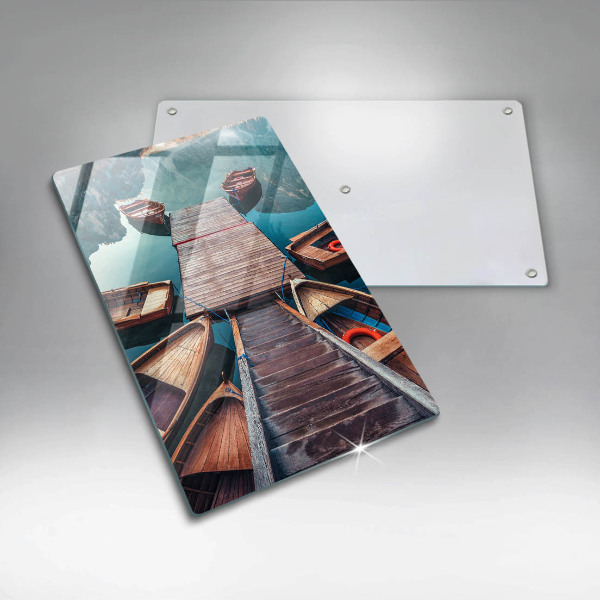 Chopping board glass Boats on the lake