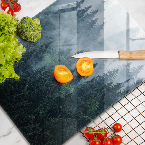 Chopping board glass Forest of trees and fog