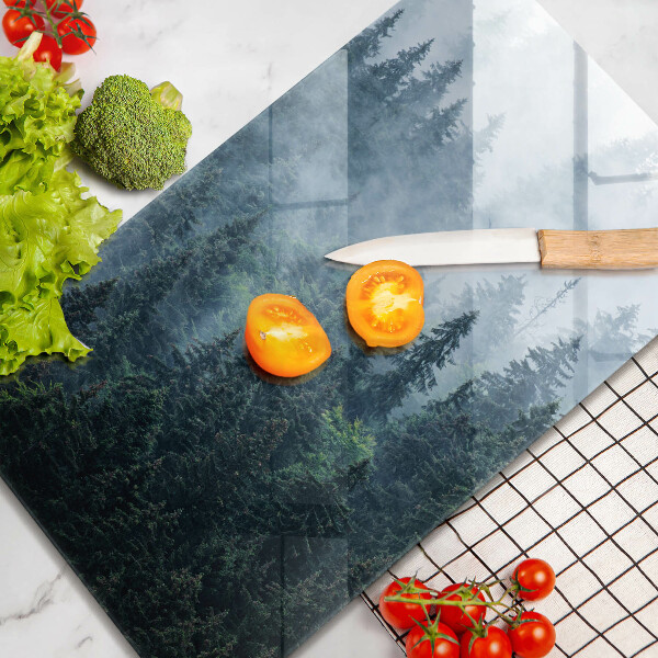 Chopping board glass Forest of trees and fog