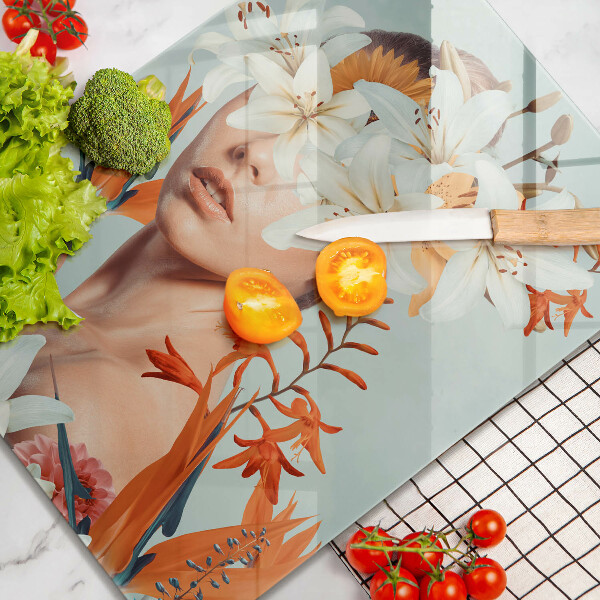 Chopping board glass A woman in flowers