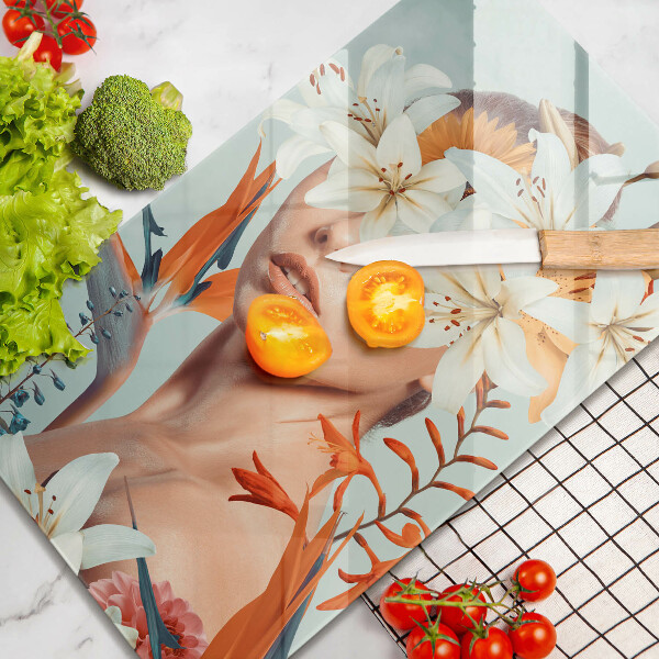 Chopping board glass A woman in flowers