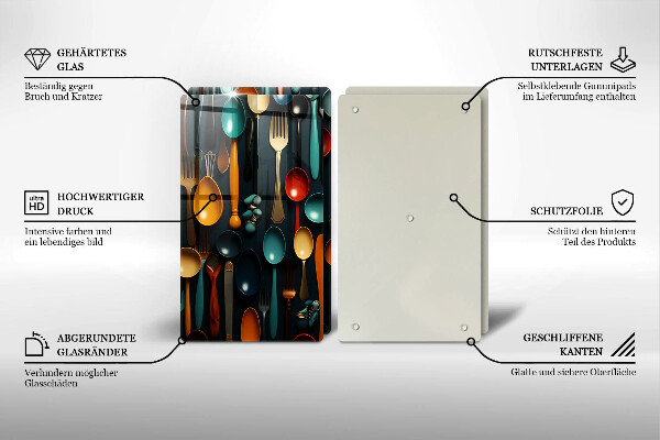 Chopping board Colorful spoons and forks