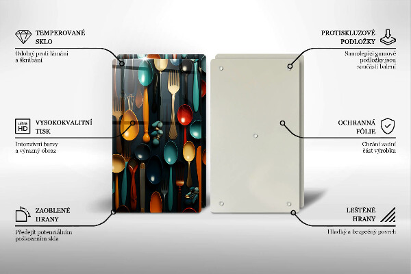 Chopping board Colorful spoons and forks