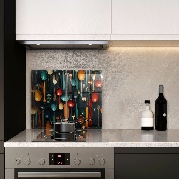 Chopping board Colorful spoons and forks