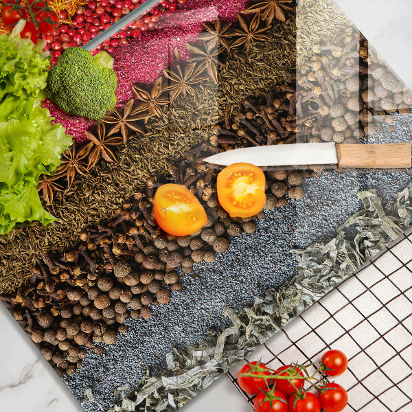 Glass chopping board Colorful spices