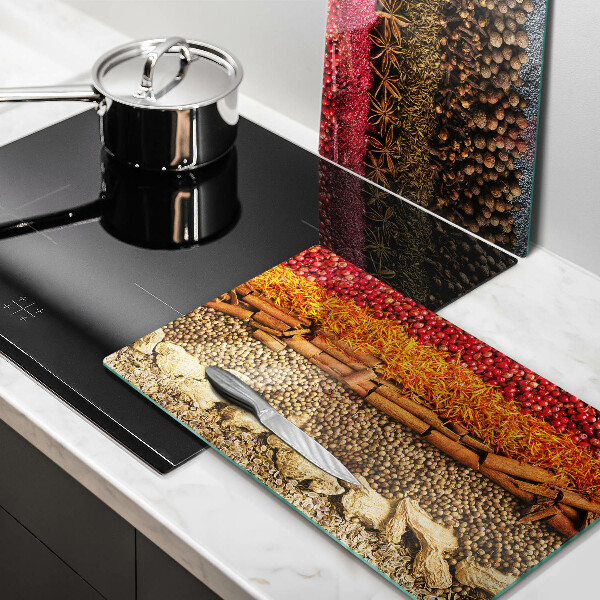 Glass chopping board Colorful spices