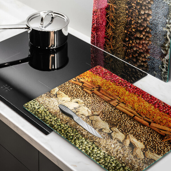 Glass chopping board Colorful spices