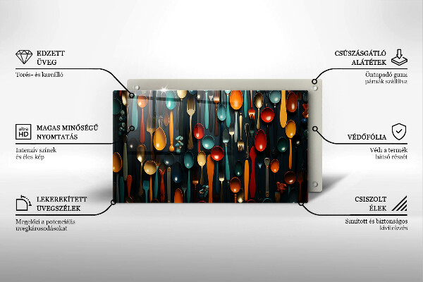 Chopping board Colorful spoons and forks