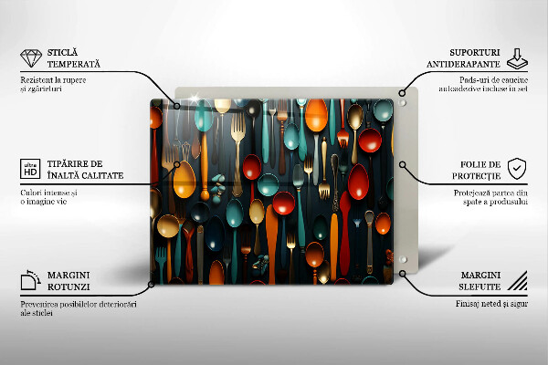 Chopping board Colorful spoons and forks