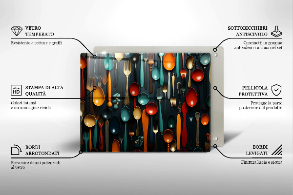 Chopping board Colorful spoons and forks