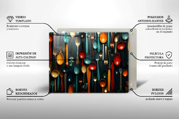 Chopping board Colorful spoons and forks