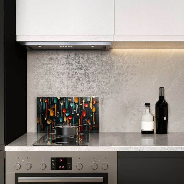 Chopping board Colorful spoons and forks