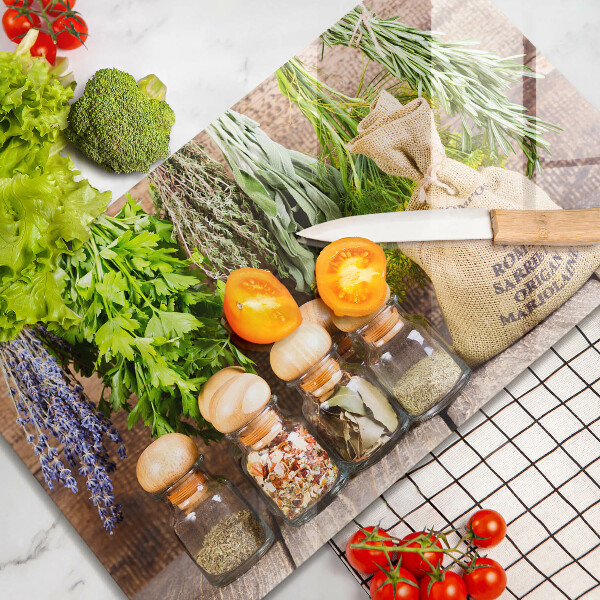 Chopping board Herbs spices and wood