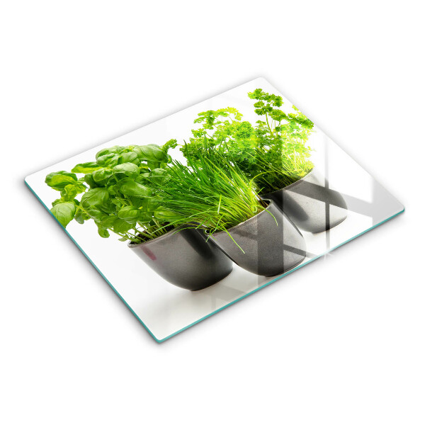 Chopping board Potflowers with herbs