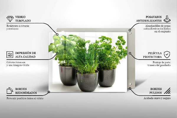 Chopping board Potflowers with herbs