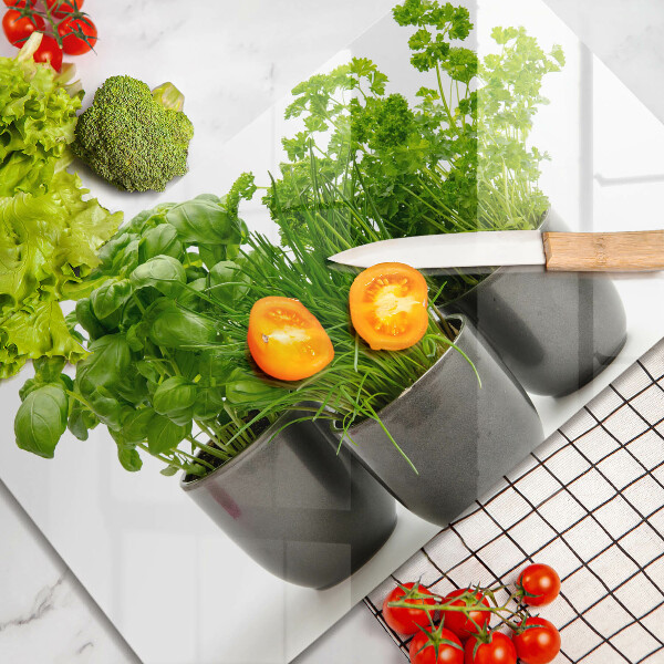 Chopping board Potflowers with herbs