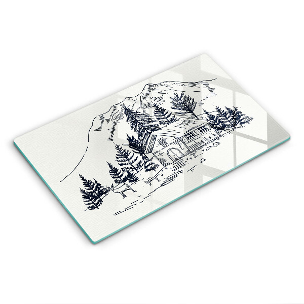 Chopping board Drawing a house in the mountains