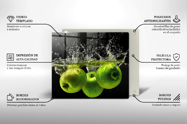 Chopping board glass Green apples and water