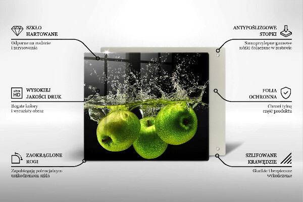 Chopping board glass Green apples and water