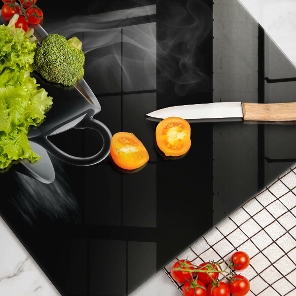 Chopping board glass Hot cup of coffee