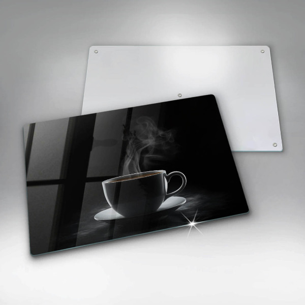 Chopping board glass Hot cup of coffee