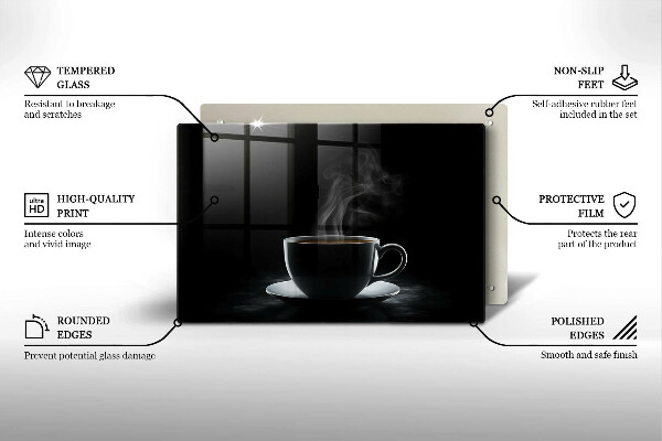 Chopping board glass Hot cup of coffee