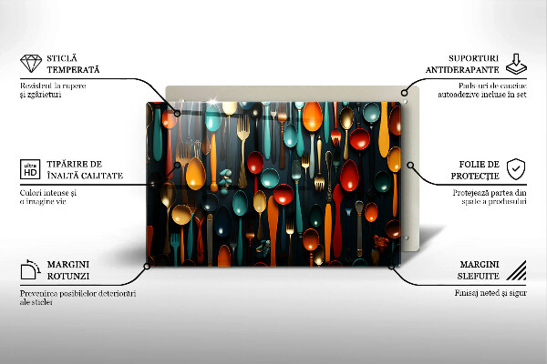 Chopping board glass Colorful spoons and forks