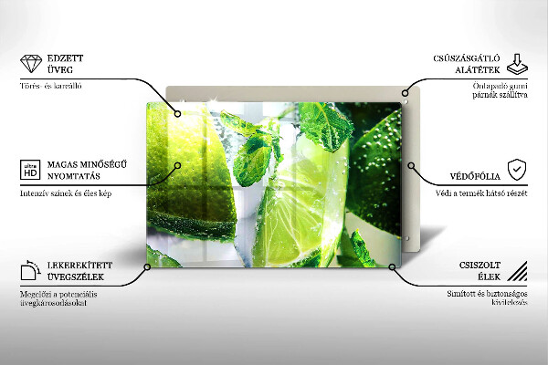 Chopping board glass Water with lime and ice