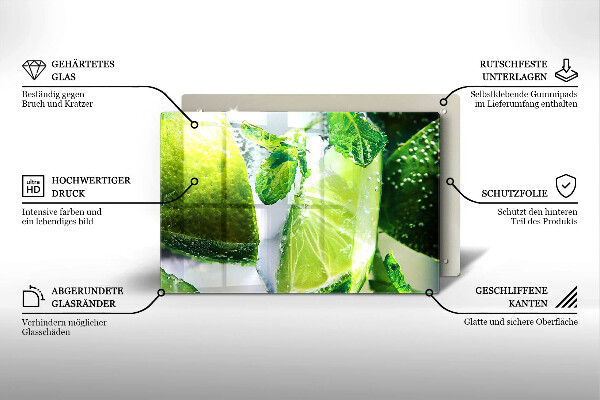 Chopping board glass Water with lime and ice