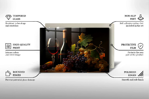 Cutting board A glass of wine and grapes