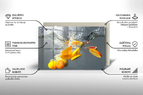 Chopping board glass Lemons in water
