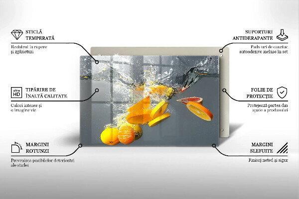 Chopping board glass Lemons in water