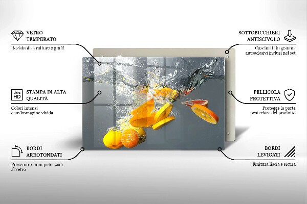 Chopping board glass Lemons in water