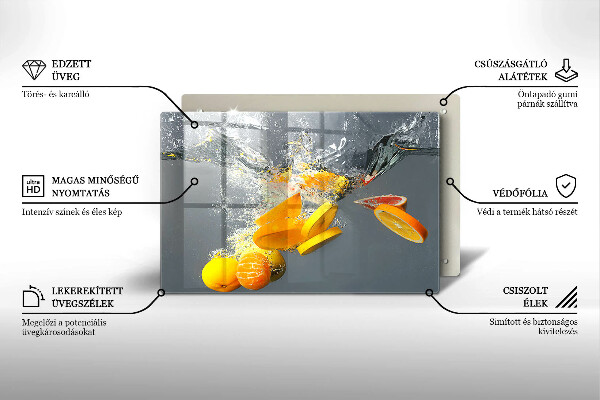 Chopping board glass Lemons in water