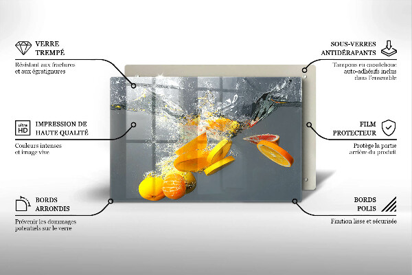 Chopping board glass Lemons in water